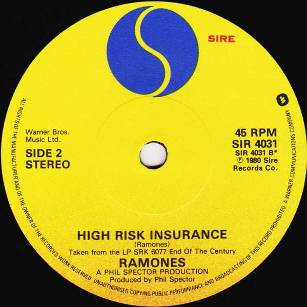 Ramones : Baby I Love You / High Risk Insurance (7", Single, Wes)