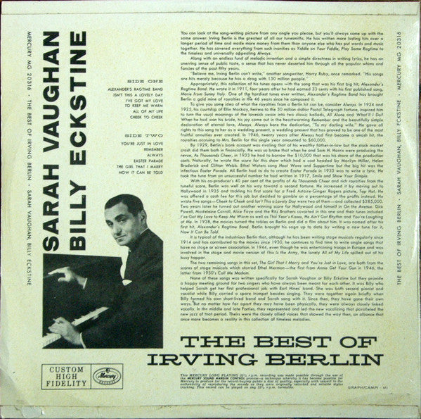 Sarah Vaughan And Billy Eckstine : Sing The Best Of Irving Berlin (LP, Album, Mono)
