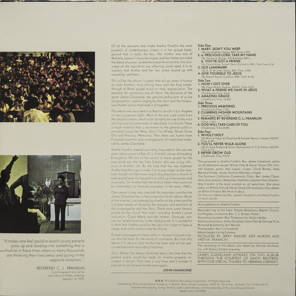Aretha Franklin With Rev. James Cleveland & The Southern California Community Choir : Amazing Grace (2xLP, Album, RE, 180)