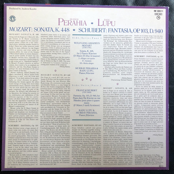 Wolfgang Amadeus Mozart, Franz Schubert : Mozart: Sonata K. 448 - Schubert: Fantasia Op. 103, D.940 (LP)