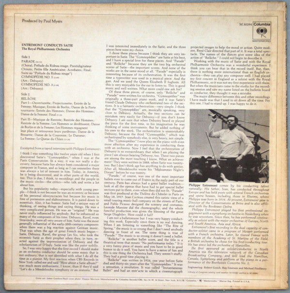 Philippe Entremont Conducts Erik Satie, Royal Philharmonic Orchestra : Gymnopédies Nos. 1 And 3, Parade, Relâche (LP, Pit)
