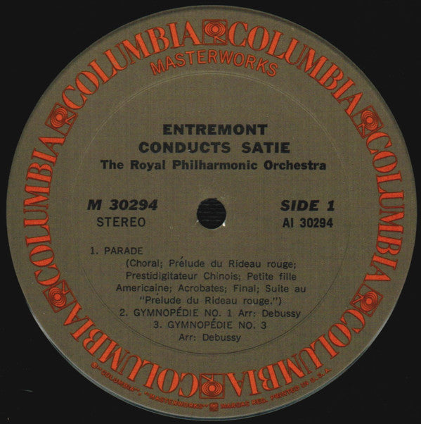 Philippe Entremont Conducts Erik Satie, Royal Philharmonic Orchestra : Gymnopédies Nos. 1 And 3, Parade, Relâche (LP, Pit)