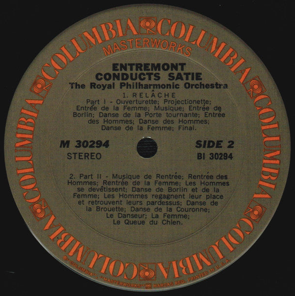 Philippe Entremont Conducts Erik Satie, Royal Philharmonic Orchestra : Gymnopédies Nos. 1 And 3, Parade, Relâche (LP, Pit)