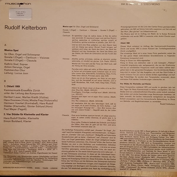 Rudolf Kelterborn : Musica Spei, Oktett 1969, 4 Stücke Für Klavier Und Klarinette (LP)
