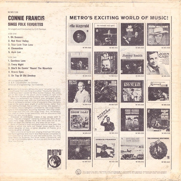 Connie Francis : Sings Folk Favorites (LP, Album, RE)