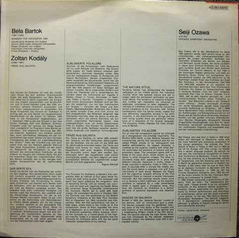 Béla Bartók / Zoltán Kodály - Seiji Ozawa, Chicago Symphony Orchestra : Konzert Für Orchester (1943) / Tänze Aus Galánta (LP, Album)