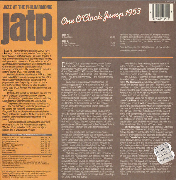 Ray Brown, Ben Webster, Oscar Peterson : Jazz At The Philharmonic One O'Clock Jump 1953 (LP, Album, Mono, RE)