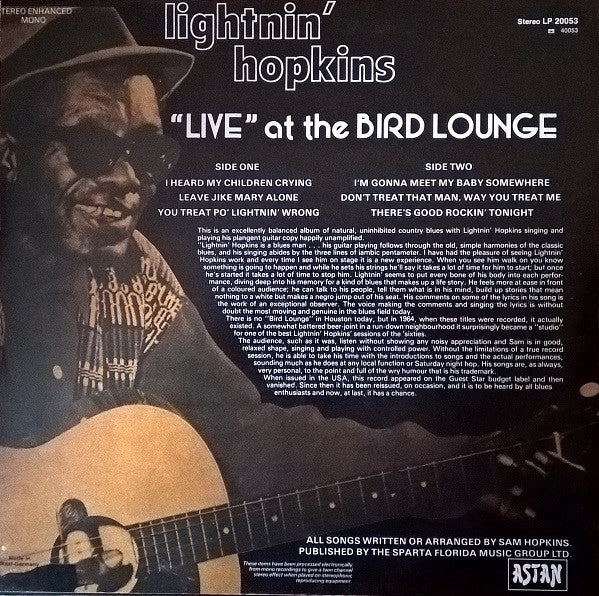 Lightnin' Hopkins : Live At The Bird Lounge (LP, Album, Mono, RE)