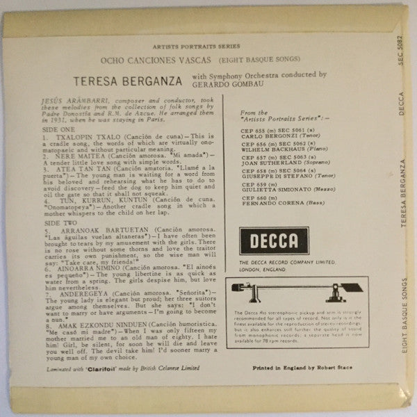 Teresa Berganza With Symphony Orchestra Conducted By Gerardo Gombau : Ocho Canciones Vascas (Eight Basque Songs) (7", EP)