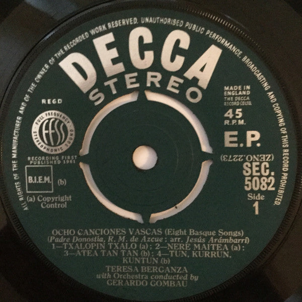 Teresa Berganza With Symphony Orchestra Conducted By Gerardo Gombau : Ocho Canciones Vascas (Eight Basque Songs) (7", EP)
