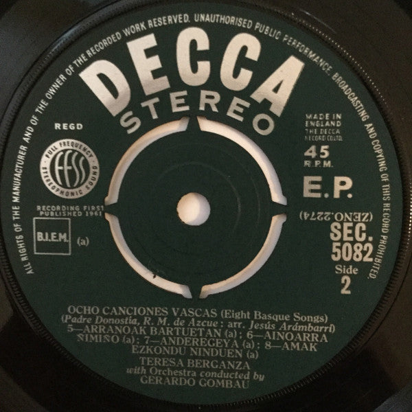 Teresa Berganza With Symphony Orchestra Conducted By Gerardo Gombau : Ocho Canciones Vascas (Eight Basque Songs) (7", EP)