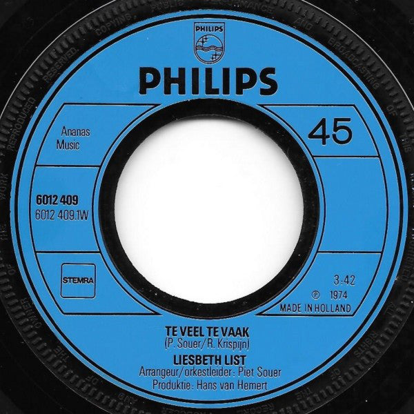 Liesbeth List : Te Veel Te Vaak (7", Single)