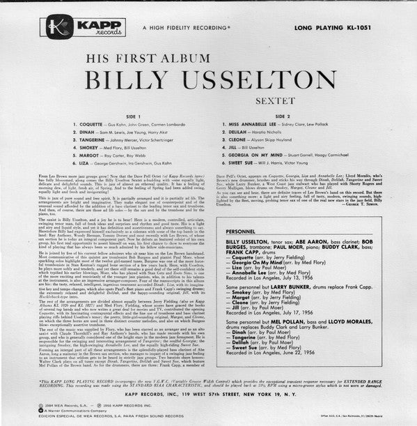 Billy Usselton Sextet : His First Album (LP, Album, RE)