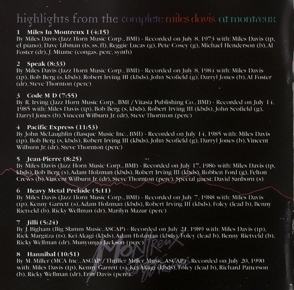 Miles Davis : Highlights From The Complete Miles Davis At Montreux (CD, Comp)