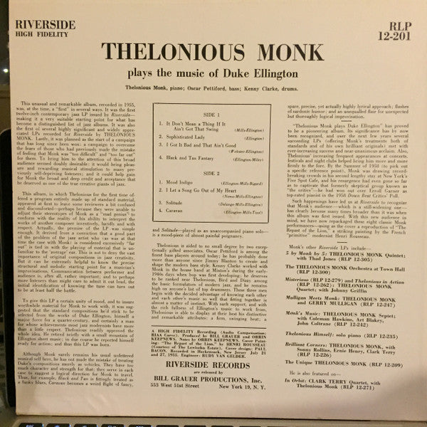 Thelonious Monk : Thelonious Monk Plays Duke Ellington (LP, Album, Mono, RE, Blu)