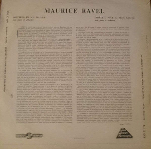 Maurice Ravel, Daniel Wayenberg, Orchestre Du Théâtre Des Champs-Elysées, Ernest Bour : Concerto Pour La Main Gauche / Concerto En Sol Majeur (LP, Album, Mono)