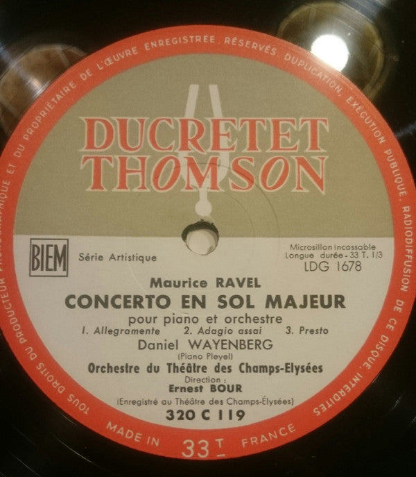 Maurice Ravel, Daniel Wayenberg, Orchestre Du Théâtre Des Champs-Elysées, Ernest Bour : Concerto Pour La Main Gauche / Concerto En Sol Majeur (LP, Album, Mono)