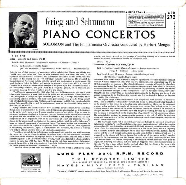 Edvard Grieg / Robert Schumann, Solomon (6), Herbert Menges, Philharmonia Orchestra : Piano Concertos (LP, RE, ER2)