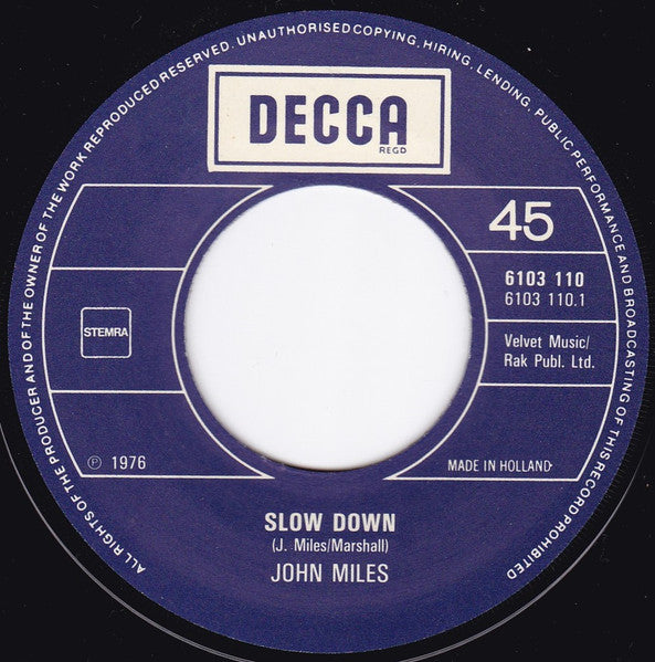 John Miles : Slow Down / Stranger In The City (7", Single)