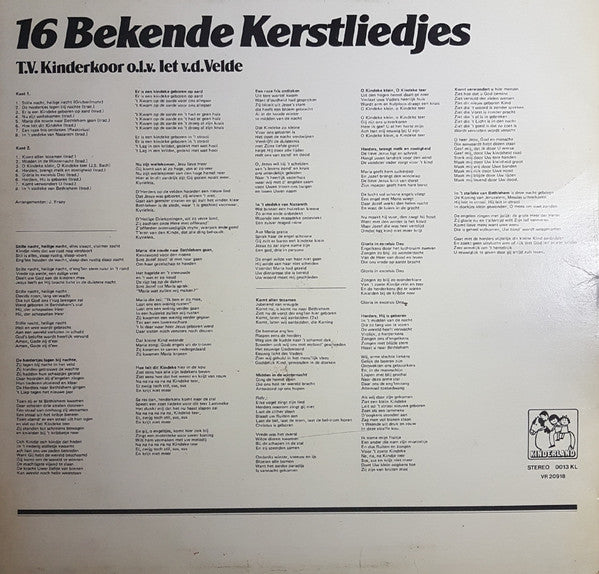 T.V. Kinderkoor o.l.v. Iet Van Der Velde : 16 Bekende Kerstliedjes (LP, Album)