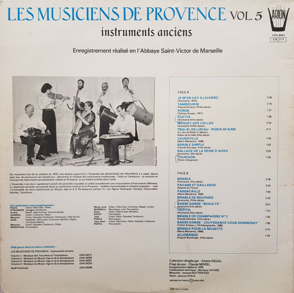 Les Musiciens De Provence : Vol.5 Instruments Anciens-Danceries Du Moyen-Age À La Renaissance-Danses Du XVIème Au XVIIIème Siècle  (LP)