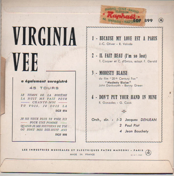 Virginia Vee : Because My Love Est A Paris (7", EP, Mono)