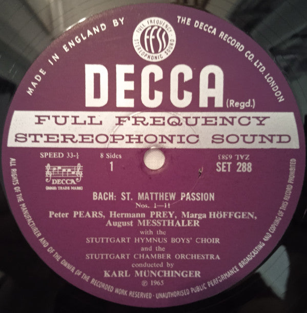 Johann Sebastian Bach, Stuttgarter Kammerorchester, Karl Münchinger : Matthäus-Passion (4xLP, RE + Box, RE)