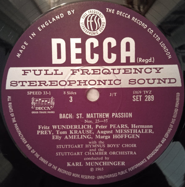 Johann Sebastian Bach, Stuttgarter Kammerorchester, Karl Münchinger : Matthäus-Passion (4xLP, RE + Box, RE)