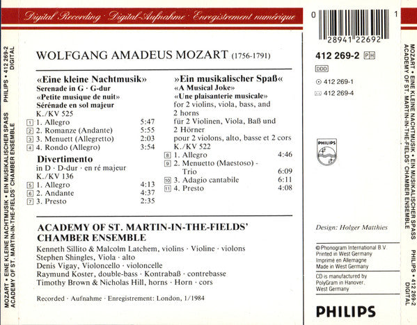 Wolfgang Amadeus Mozart, Academy Of St. Martin-in-the-Fields Chamber Ensemble : Eine Kleine Nachtmusik / Ein Musikalischer Spass / Divertimento KV 136 (CD, Album)