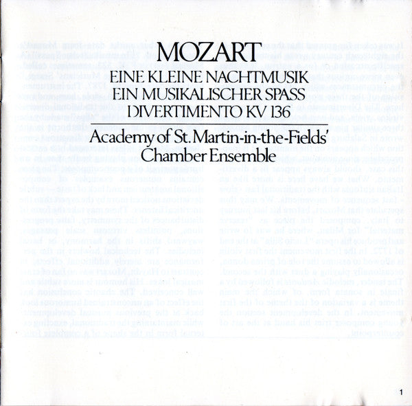 Wolfgang Amadeus Mozart, Academy Of St. Martin-in-the-Fields Chamber Ensemble : Eine Kleine Nachtmusik / Ein Musikalischer Spass / Divertimento KV 136 (CD, Album)