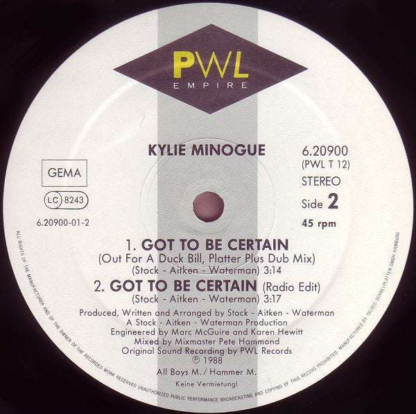 Kylie Minogue : Got To Be Certain (12", Maxi)