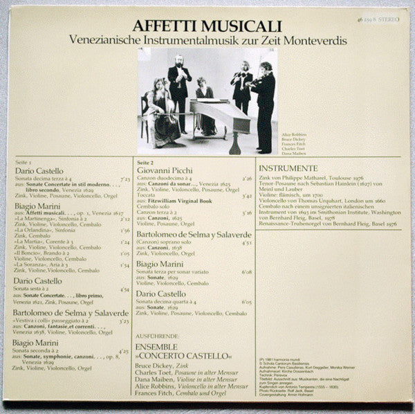 Bruce Dickey, Charles Toet, Dana Maiben, Alice Robbins, Frances Conover Fitch : Affetti Musicali (Venezianische Instrumentalmusik Zur Zeit Monteverdis) (LP)