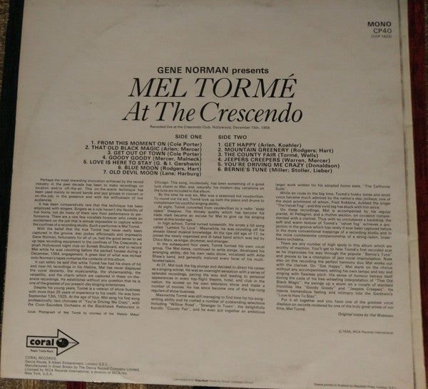 Mel Tormé : Mel Tormé At The Crescendo (LP, Album, Mono, RE)