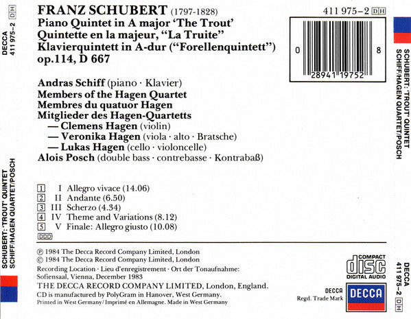 Franz Schubert — András Schiff, Hagen Quartett, Alois Posch : Trout Quintet (CD, Album, RP)