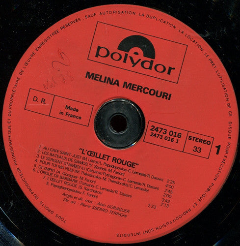 Melina Mercouri : L'œillet Rouge (LP, Album, Gat)