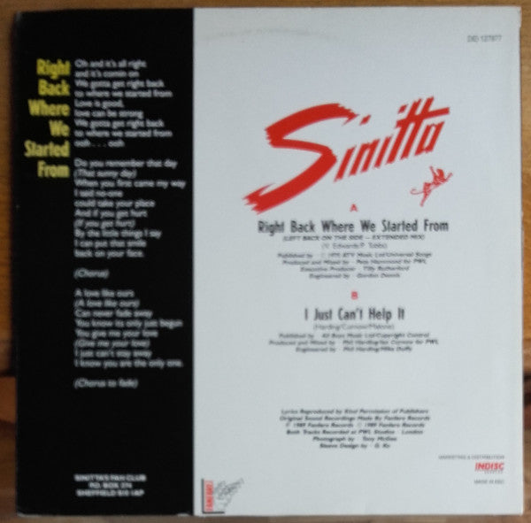 Sinitta : Right Back Where We Started From (Left Back On The Side Mix) (12")