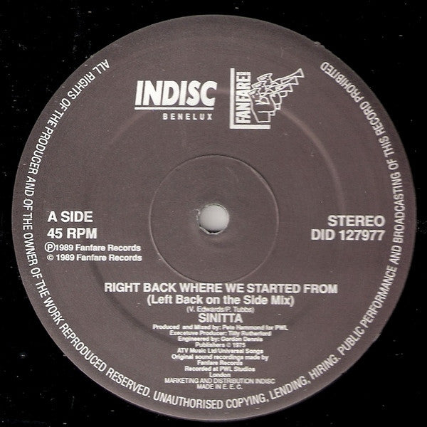 Sinitta : Right Back Where We Started From (Left Back On The Side Mix) (12")