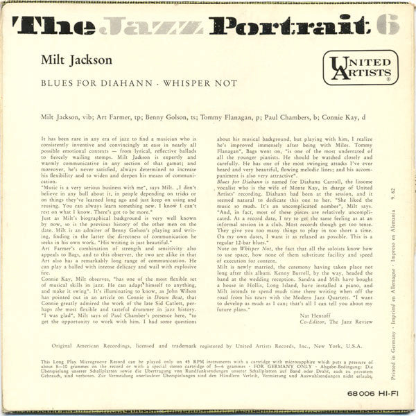Milt Jackson : The Jazz Portrait 6 (7", Mono)