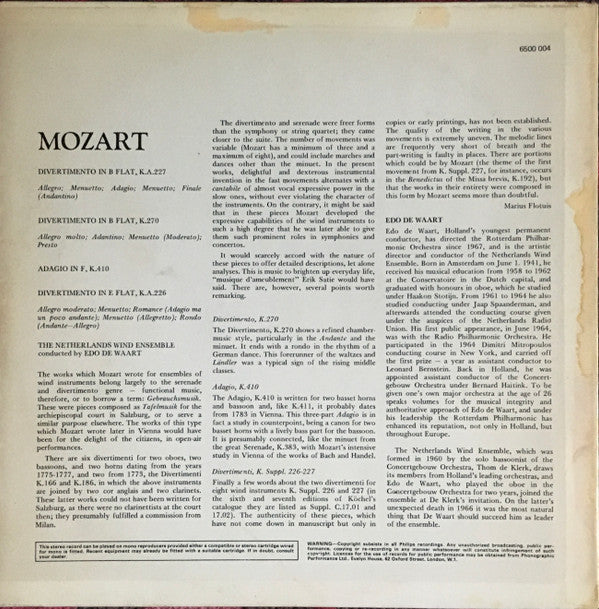Wolfgang Amadeus Mozart, Nederlands Blazers Ensemble, Edo de Waart : Divertimenti  B Flat Major, K.227 / B Flat Major, K.270 / E Flat Major, K.226 / Adagio In F Major, K.410 (LP)