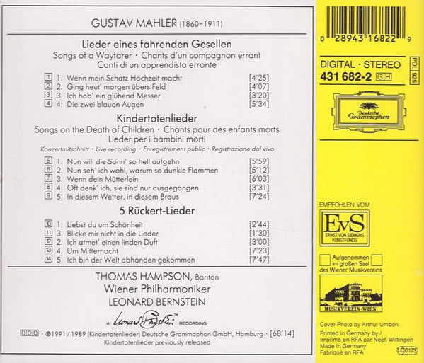 Gustav Mahler, Friedrich Rückert, Thomas Hampson, Leonard Bernstein, Wiener Philharmoniker : Lieder Eines Fahrenden Gesellen, Kindertotenlieder, Rückert-Lieder (CD, Album, RE)