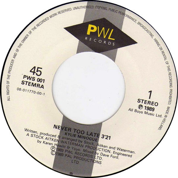 Kylie Minogue : Never Too Late (7", Single)