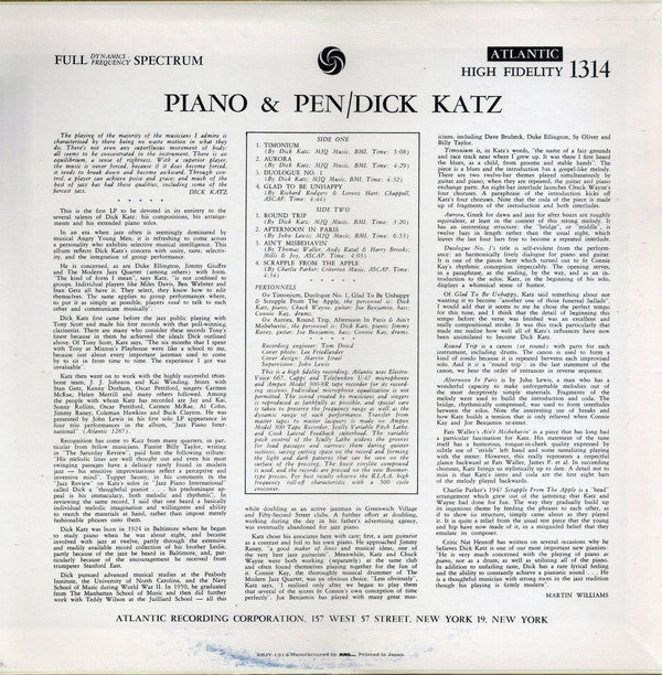 Dick Katz : Piano & Pen (LP, Album, Mono, RE)