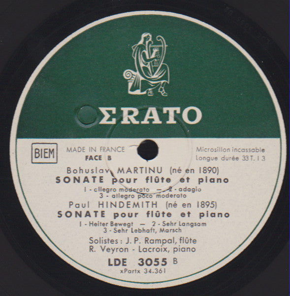 Sergei Prokofiev, Bohuslav Martinů, Paul Hindemith : 3 Sonates Pour Flute Et Piano (LP, Album)