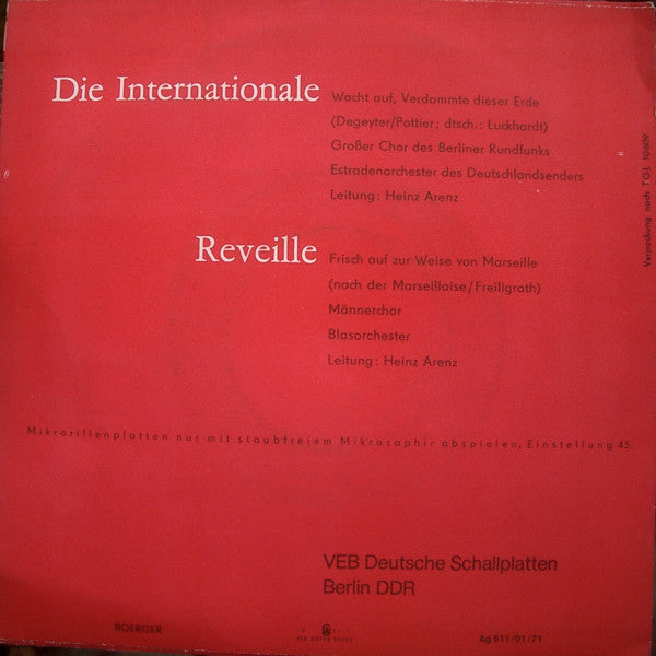 Großer Chor Des Berliner Rundfunks, Estradenorchester Des Deutschlandsenders, Heinz Arenz : Die Internationale / Reveille (7", Mono, RP)