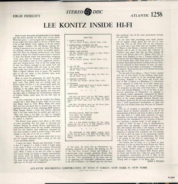 Lee Konitz : Inside Hi-Fi (LP, Album, Mono, RE)