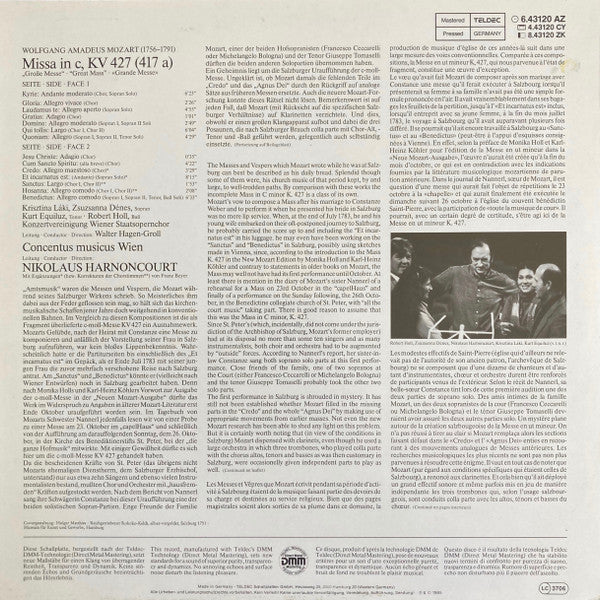 Wolfgang Amadeus Mozart - Krisztina Laki • Zsuzsanna Dénes • Kurt Equiluz • Robert Holl • Wiener Staatsopernchor • Concentus Musicus Wien • Nikolaus Harnoncourt : Grosse Messe In C-moll, KV 427 (LP, Album)