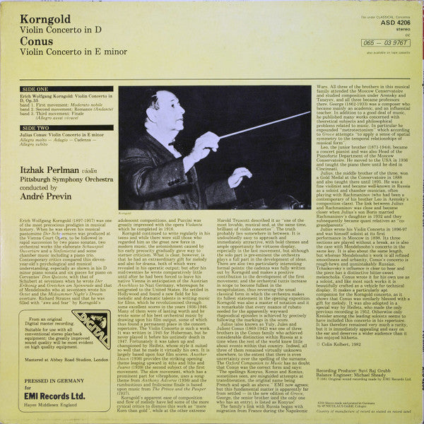 Itzhak Perlman — Erich Wolfgang Korngold / Julius Conus — André Previn - Pittsburgh Symphony Orchestra : Korngold: Concerto In D, Conus: Concerto In E Minor (LP)