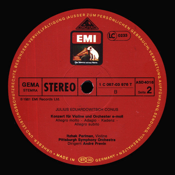 Itzhak Perlman — Erich Wolfgang Korngold / Julius Conus — André Previn - Pittsburgh Symphony Orchestra : Korngold: Concerto In D, Conus: Concerto In E Minor (LP)