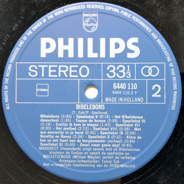 Margreet Heemskerk Met De Bibelebonse Kinderen En Bolletjeboos : Bibelebons (Liedjes, Verhalen En Spelletjes Uit de Gelijknamige Avro T.V-serie Voor Kleuters)    (LP, Album)
