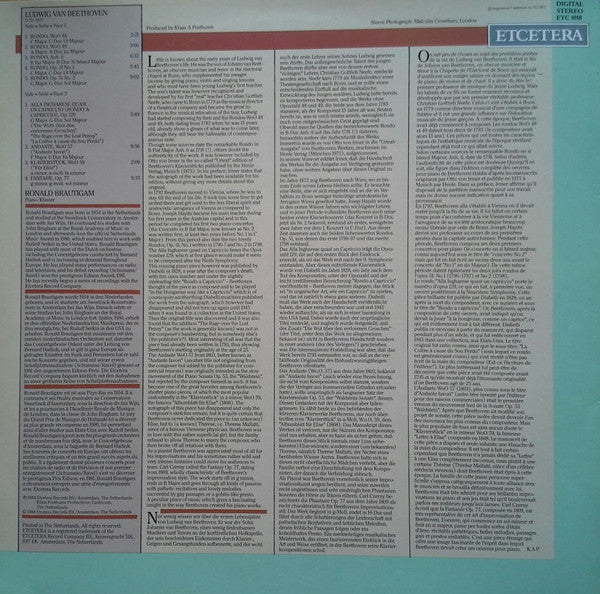 Ludwig van Beethoven - Ronald Brautigam : Für Elise • 5 Rondos • Rondo A Capriccio • Andante Faviri • Fantasie Op.77 (LP, Album)